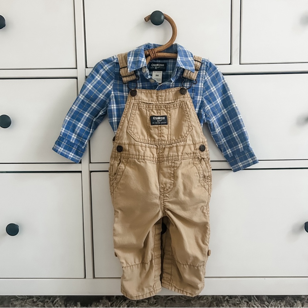 tan and blue overalls with a relaxed fit and adjustable straps.